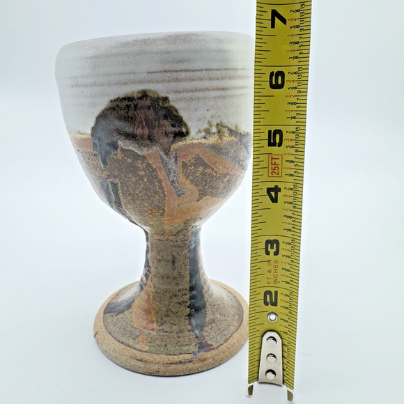 Studio Art Pottery Goblet Chalice Cup Textured Brown Gray Stoneware Signed #3 - Picture 8 of 9